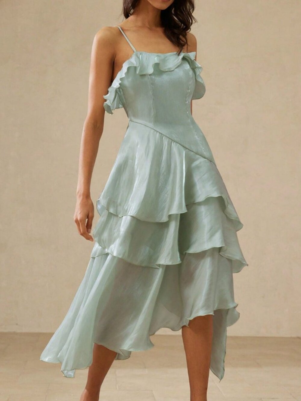 Blue Elegant Women's Romantic Asymmetrical Ruffle Camisole Dress